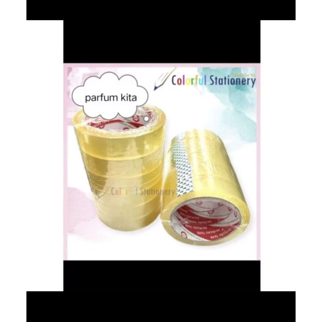 

lakban isolasi 1 slop salasiban 1 inchi bening isi 6 pcs