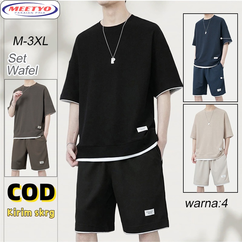 (Waffle)Baju Setelan Pria/Baju Pantai Pria Satu Set/Baju Oversize Pria/Korea Style Pria - Kaos Dan