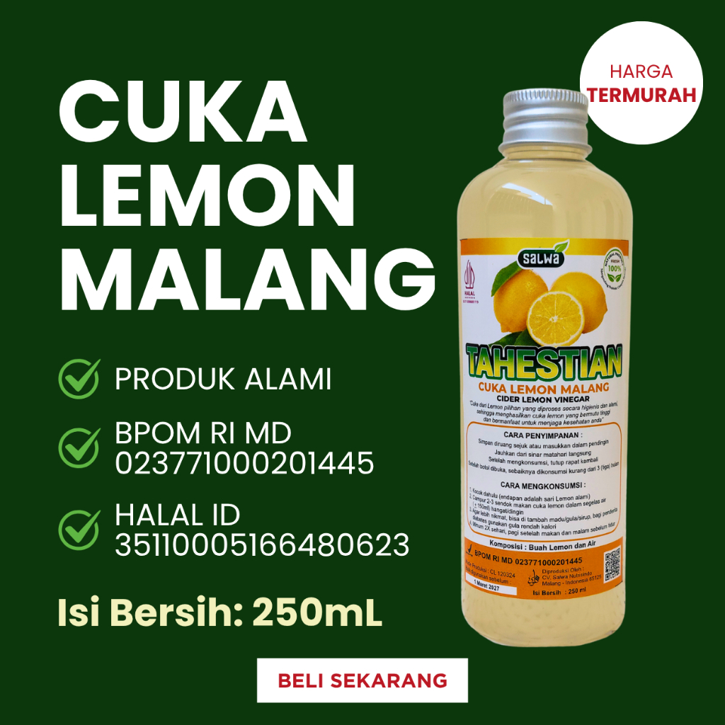 

Cuka Lemon Malang Tahestian 250ml with Mother Tanpa Proses Pemasakan Kemasan Aman Bubble Wrap Halal BPOM