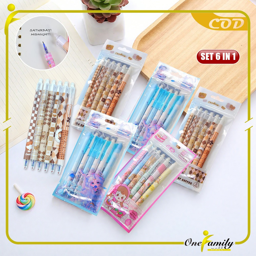 

ONE-A68 Pulpen Set 6IN1 0.5MM Tinta Bisa di Hapus Motif Karakter Lucu / Eraseble Pen Set Cetek Cetekan Kartun / Pena Mekanik Anak Sekolah / Eraser Pen ST