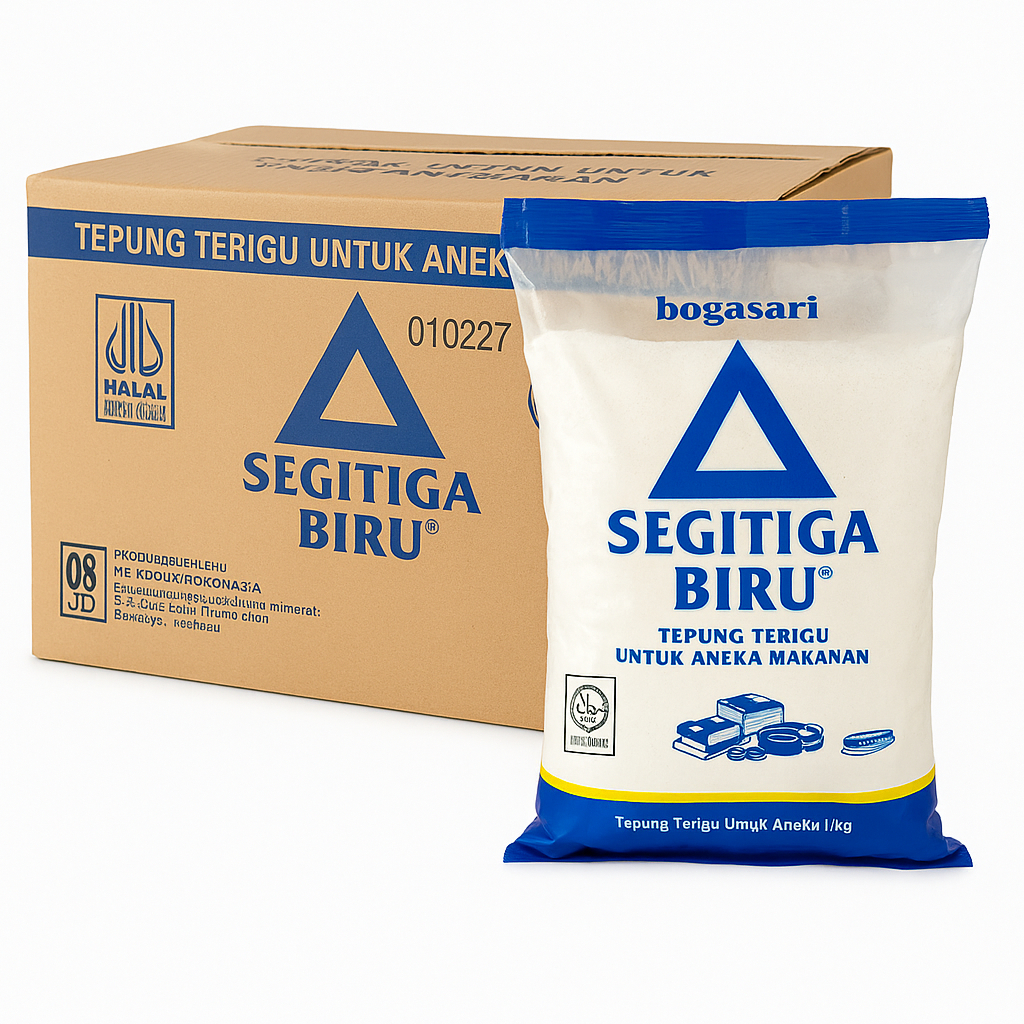 

Tepung Terigu Bogasari Segitiga Biru - Tepung Terigu Protein Sedang 1 Kg x12 / 1 Dus