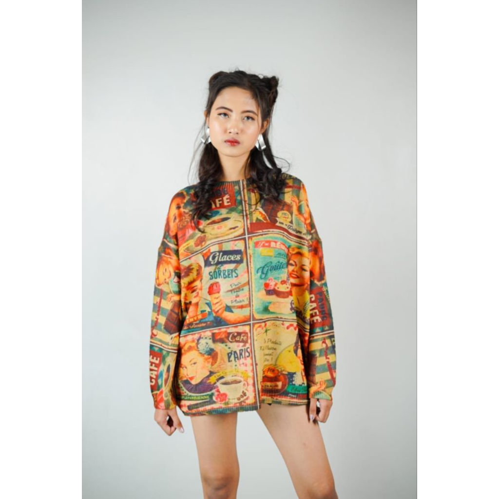 Atasan Blouse Rajut Printing Oversize • kalcer outfit