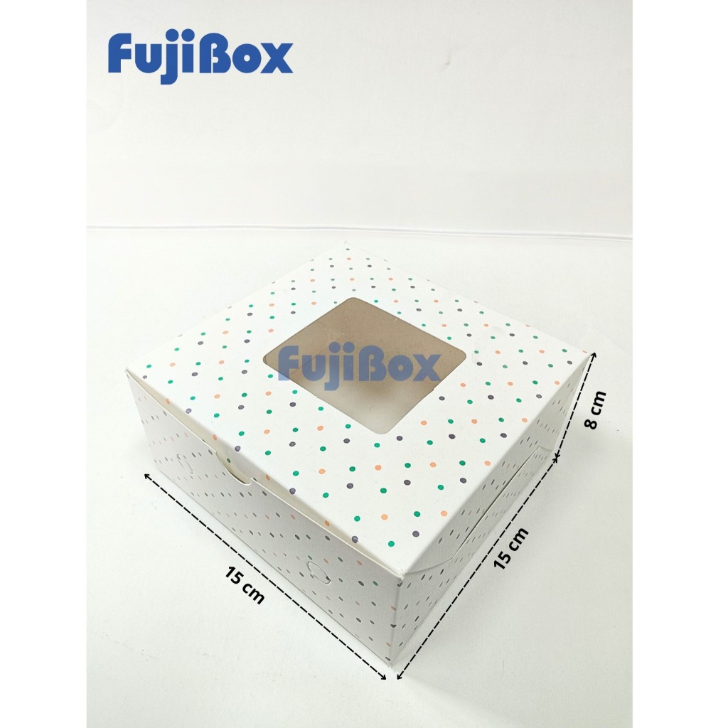 

( 10 Pcs ) Fuji Box Dus Kotak Kue Cake Brownies Pie Ivory Motif Polkadot Warna Warni 15 cm x 15 cm x 7 cm Putih Ivory Premium Jendela