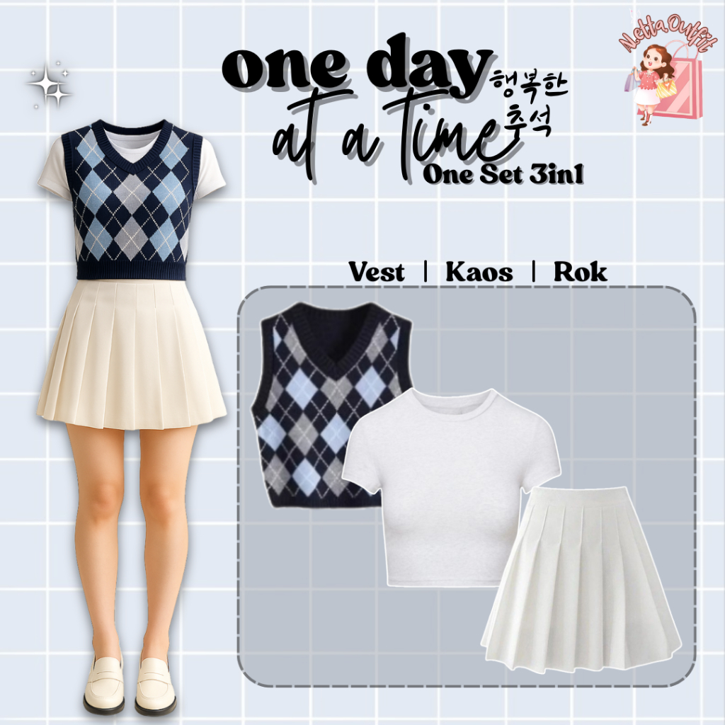One Set Gabriella Outfit( Vest Diamond,  Kaos Crop,  Rok Pendek )Outfit Korean Style Kekinian AO1Y L