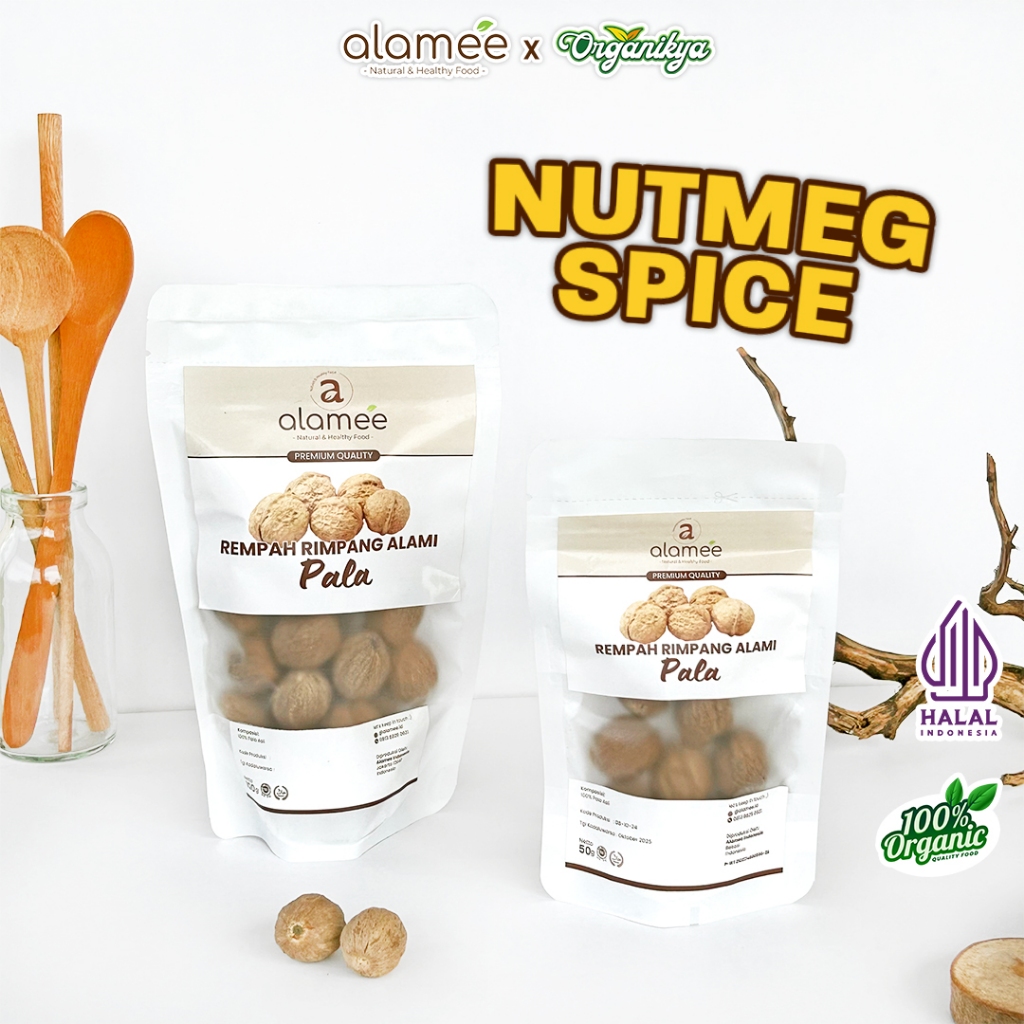 

ALAMEE Biji Pala Utuh Rempah Kering Nutmeg Whole Rimpang Organik Alami Bumbu Seasoning organikya