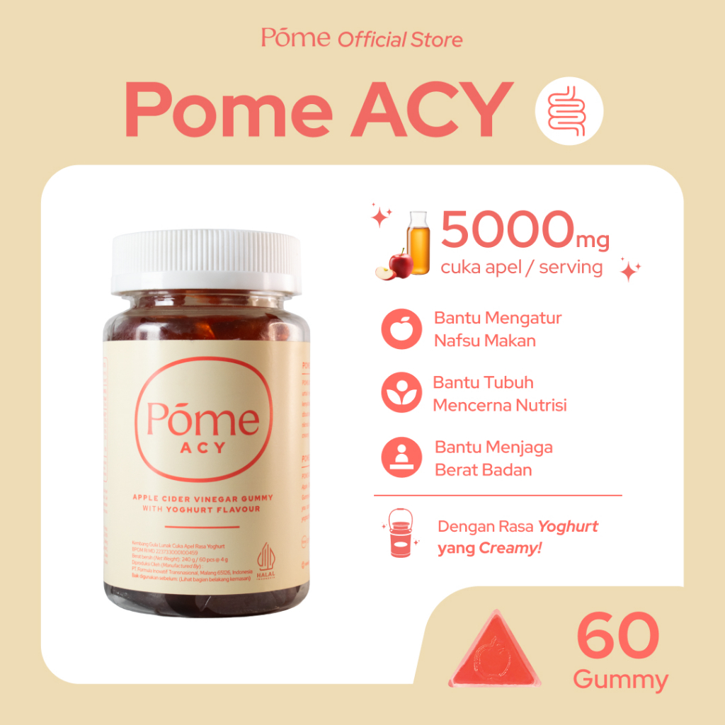 

Pome ACY 1 Botol (60 Gummy) - Apple Cider Vinegar Gummy with Yoghurt Flavor / Pome ACY Gummy