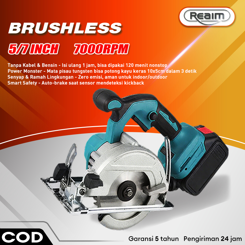 Reaim Mesin Gergaji Circular Saw Nirkabel 2 Baterai Mesin Potong Circular Saw 7 inch Gergaji Bundar