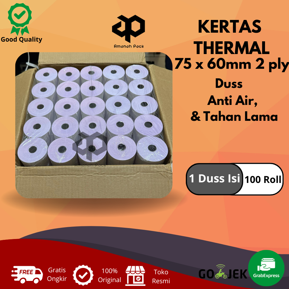 

KERTAS STRUK THERMAL PAPER ROLL 75x60 2 Ply (1 Dus isi 100 Roll )TERMAL EDC THERMAL PRINTER MINI BLUETOOTH 75x60MM