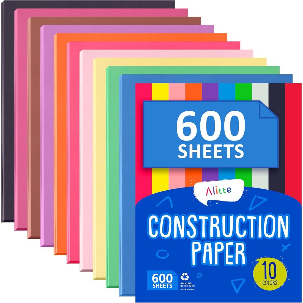 

Alitte Construction Paper Assorted Colors - (600 Sheets, 9x12), Craft Paper, 10 Bright Colors