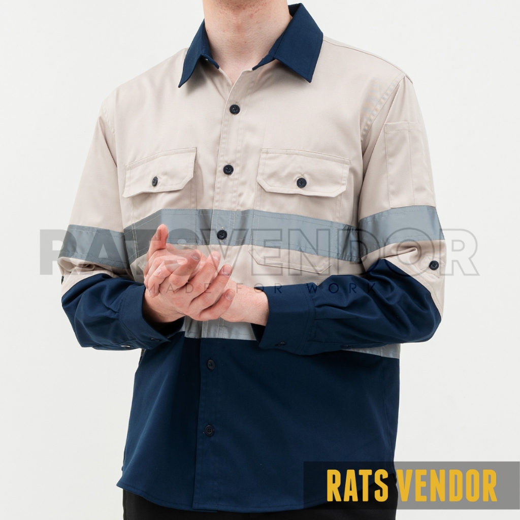 Ratsvendor Kemeja Safety K3 / Wearpack Proyek Tambang / Baju Seragam Lapangan Warna Krem Navy