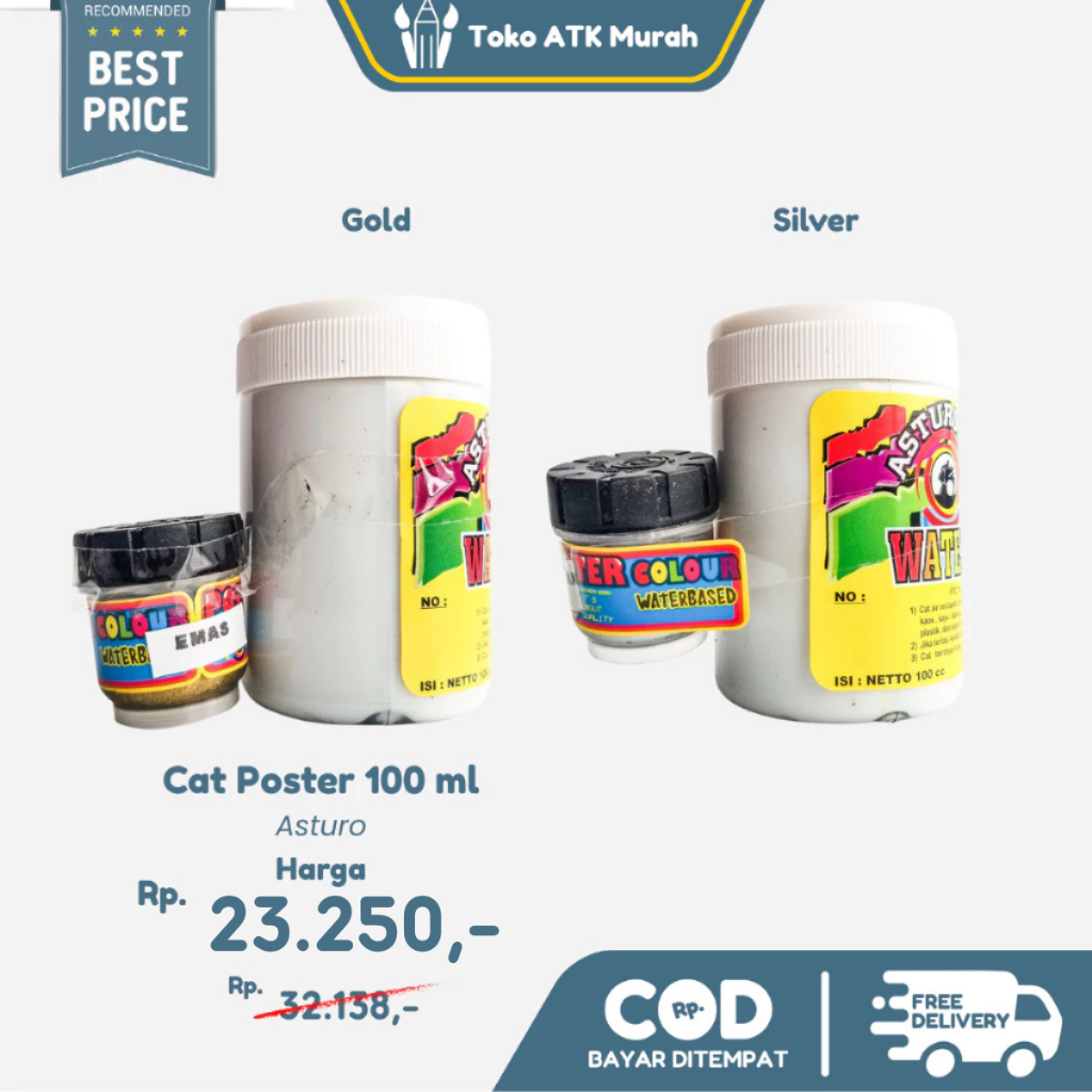 

Cat Asturo Gold / Silver Water Based 100ml - Cat Poster Emas / Perak Serbaguna Untuk Kerajinan, Kayu, dan Kaos