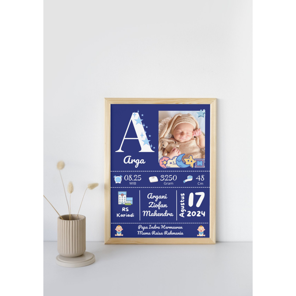 Bingkai Kelahiran Bayi Custom | Hadiah Newborn Unik | Poster Nama Bayi Desain Lucu