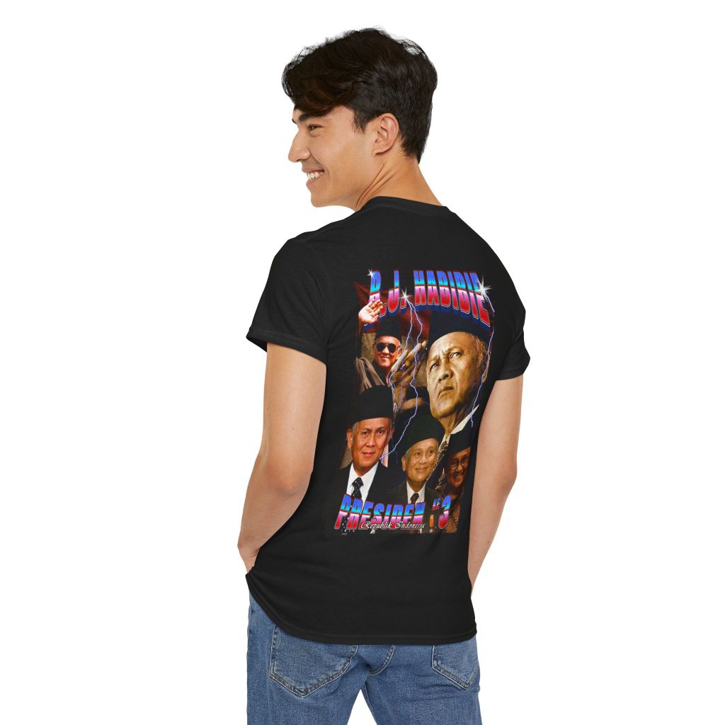 Kaos bootleg BJ Habibie Presiden RI ke 3, kaos warna hitam, kaos sisi belakang