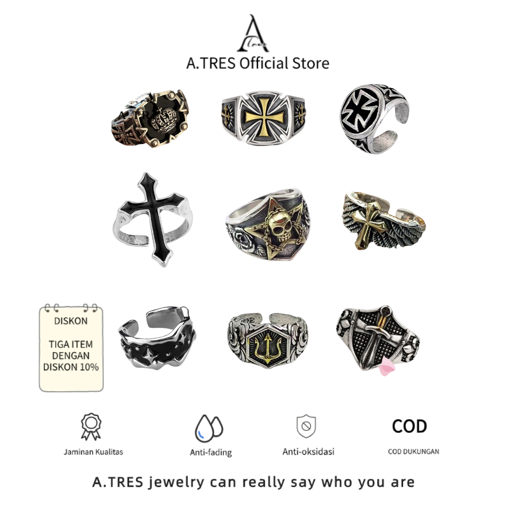 A.TRES Cincin Tengkorak Pria Cincin Titanium Anti Karat Cincin Titanium Preman Cincin Salib Cincin C