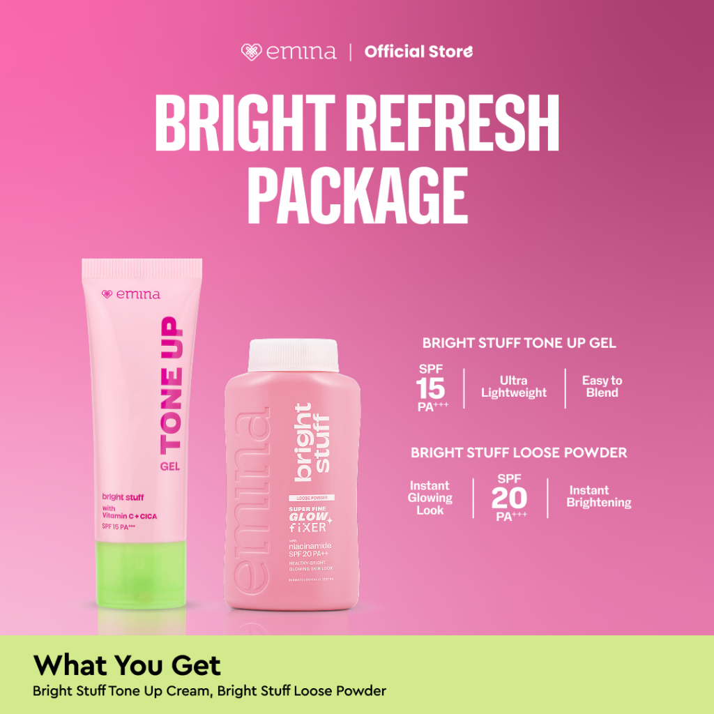 Emina Bright Stuff Refresh Package - Loose Powder, Tone Up Cream Instant Brightening, Mencerahkan, G