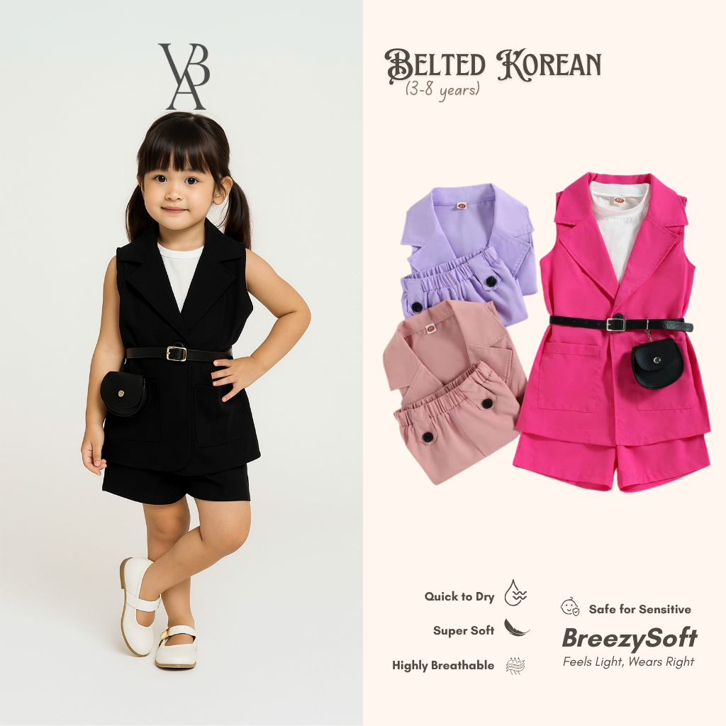 Venta Baby - Belted Korean 3in1 Set Blazer & Short Pants Setelan Anak Perempuan 3-8 Tahun