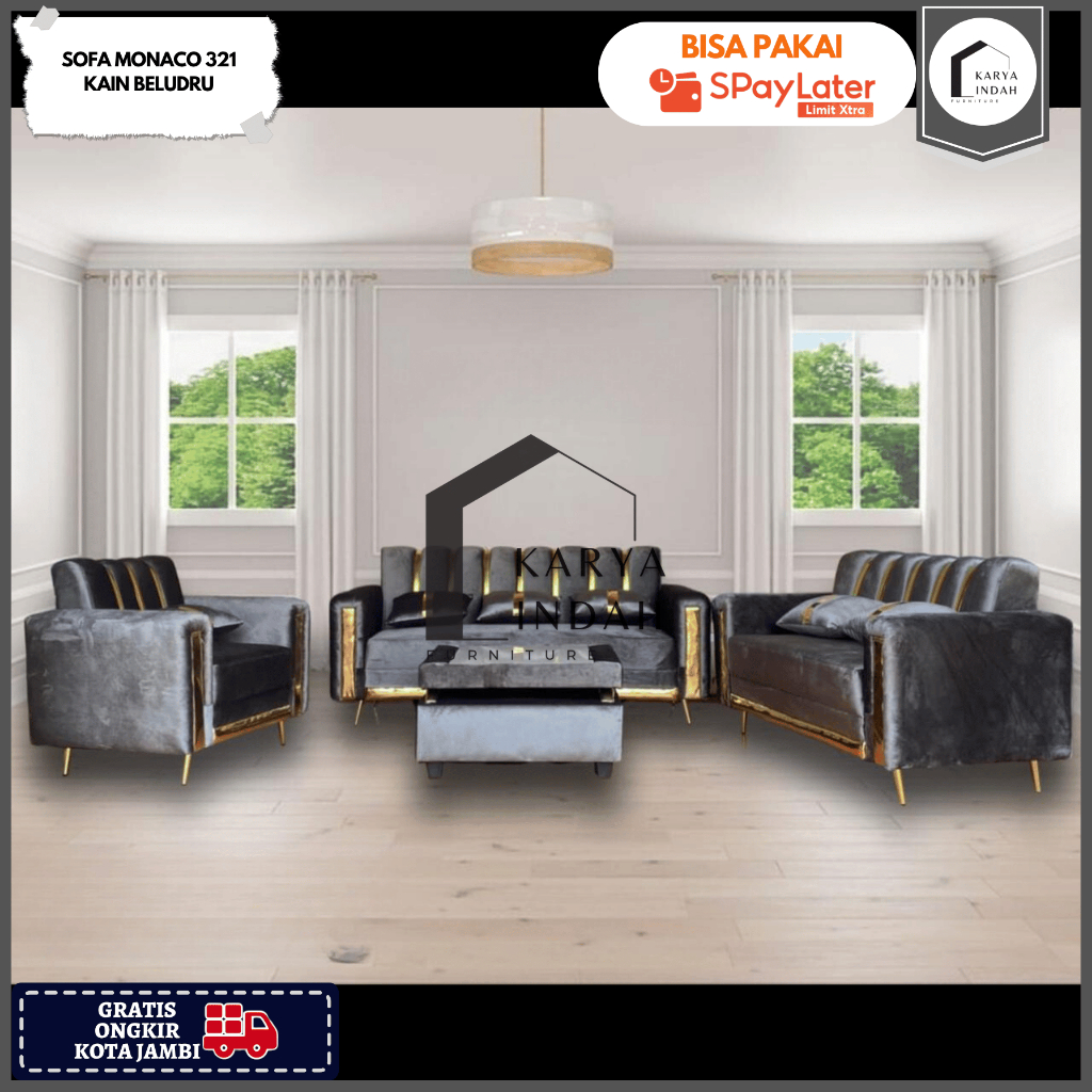 Kursi Tamu SOFA MONACO 311 / 321 POLOS EMAS GOLD Kain BELUDRU Modern Minimalis