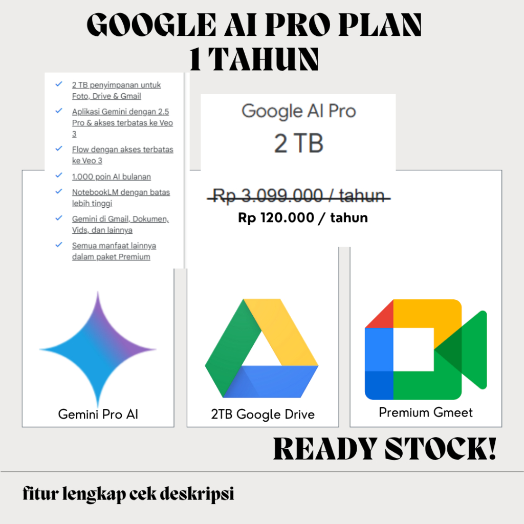 Google AI Pro 1 Tahun – 2TB Drive, Gemini Pro AI, Google Meet Premium