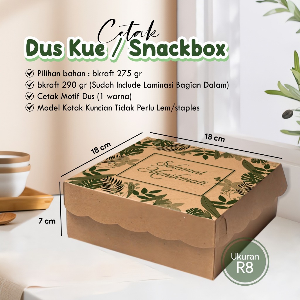 

CETAK DUS KUE SNACKBOX LAMINASI - LUNCH BOX MAKANAN KRAFT CUSTOM SATU WARNA UKURAN R8