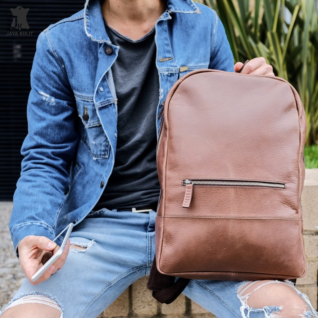 JAYA LEATHER Tas Ransel Kulit Asli Pria Wanita Unisex Premium Quality.JK.BISONTE Brown