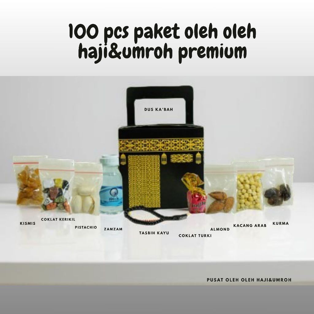 

100 Bingkisan Haji Premium Box Ka'bah lengkap dengan kurma kismis kacang arab kerikil turki almond pistachio tasbih kayu botol zam zam - Paket Oleh Oleh Umroh Lengkap Siap Bagi