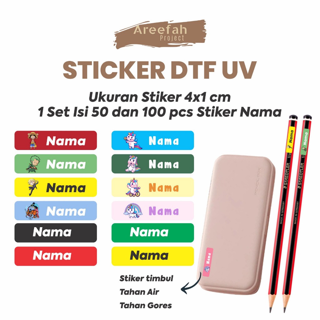 

Areefah Cetak Stiker DTF UV Label Nama Anak Sekolah | Custom DTF UV Tahan Air | Stiker Label Nama Barang Anak Lucu | Anti Air & Anti Luntur
