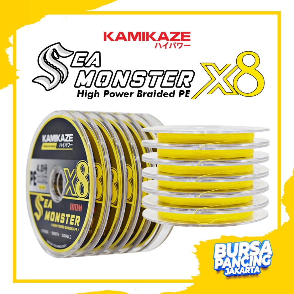 LMP - Senar PE KAMIKAZE SEA MONSTER X8 Yellow 200M Tali Pancing PE Braid 100% PE Fiber Super Kuat Un