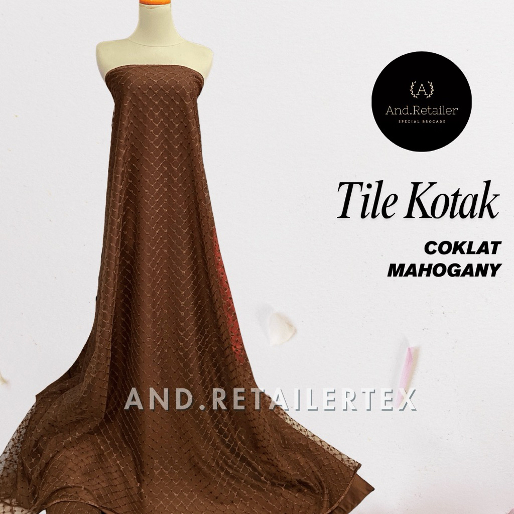 Bahan Kain Brokat Tile Kotak Motif Bordir Kotak kotak Kecil Warna Coklat Mahogany