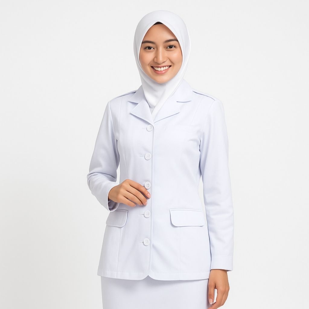 Seragam PNS Wanita P3K Putih Hitam Kerah Jas Kantong 3 Baju Kantor Stelan Rok Panjang dan Celana Pan