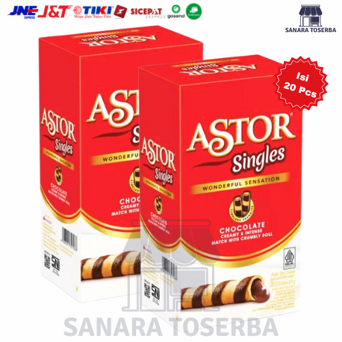 

Astor Singles Pack Wafer Stick Cokelat Roll 1 Box Isi 20 Pcs x 18 Gram