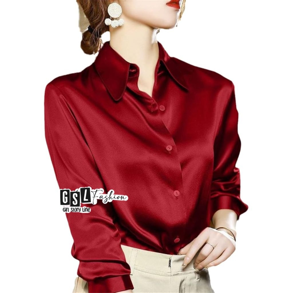 Kemeja Satin Silk Premium Kemeja Polos Wanita lengan Panjang Big Size Ukuran S M L XL XXL XXXL XXXXL