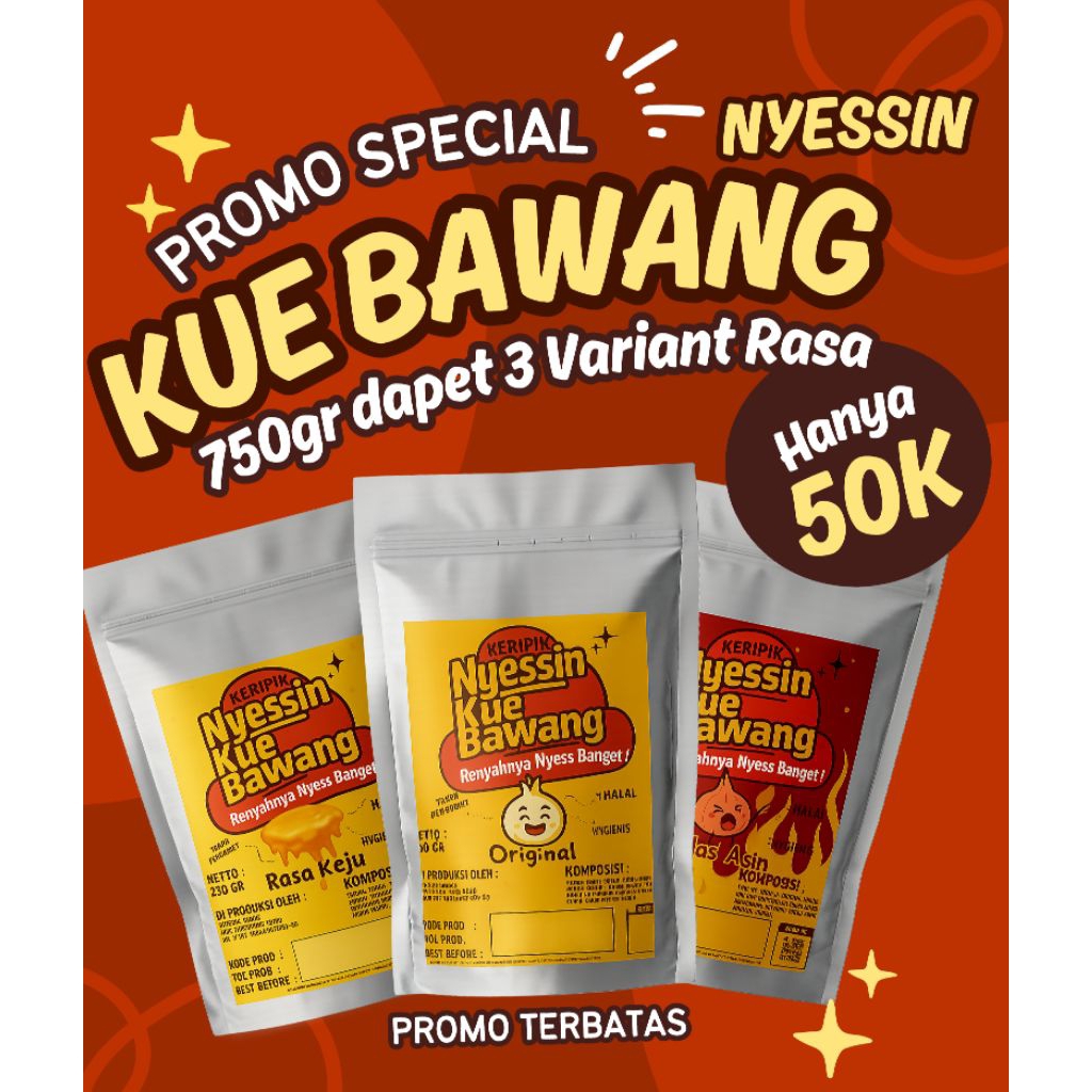 

Keripik Kue Bawang Nyessin 750gr - Original / Keju / Pedas | Cemilan Renyah Gurih Homemade