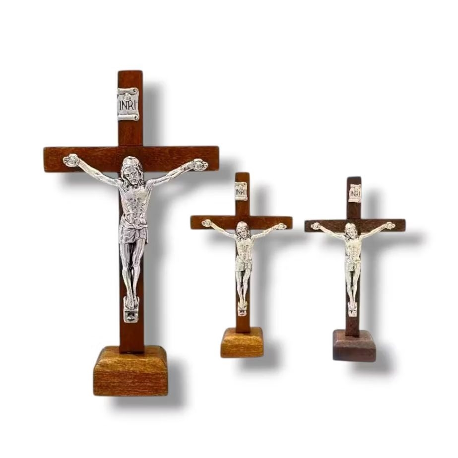 Salib Duduk Kayu Corpus Silver 10cm P1/37 - Salib Duduk Kayu - Salib Meja Kayu - Salib Mini - Salib 