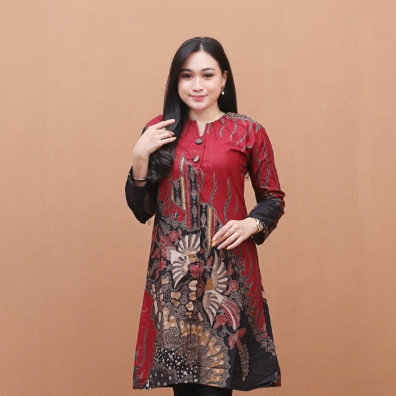 Atasan Batik Muslimah Tunik Batik Wanita Lengan Panjang Syari Modern Kerja Kantor Terbaru B5