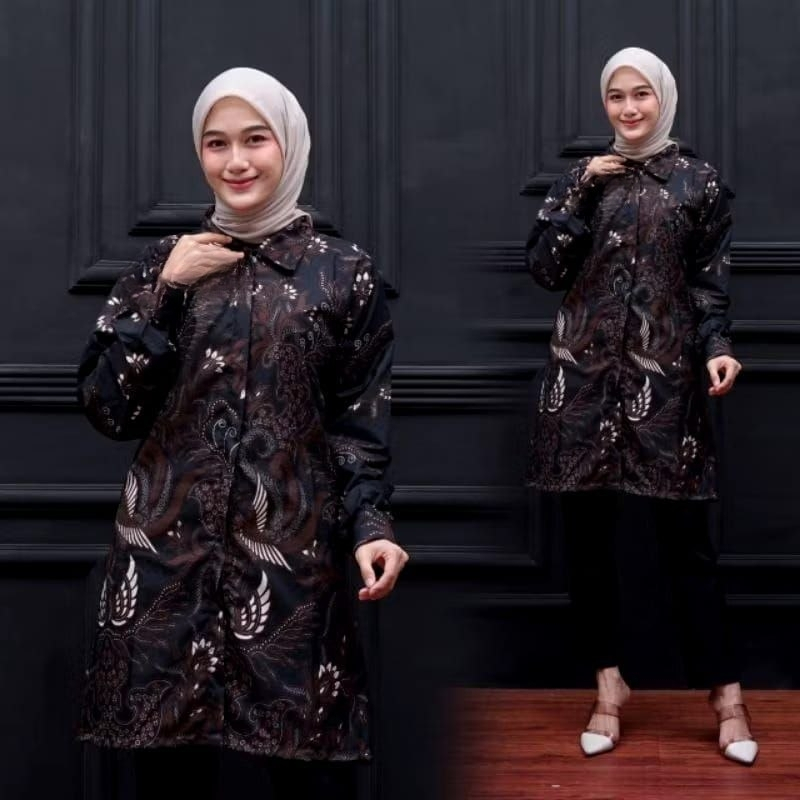 Atasan Batik Muslimah Tunik Batik Wanita Lengan Panjang Syari Modern Kerja Kantor Terbaru D3