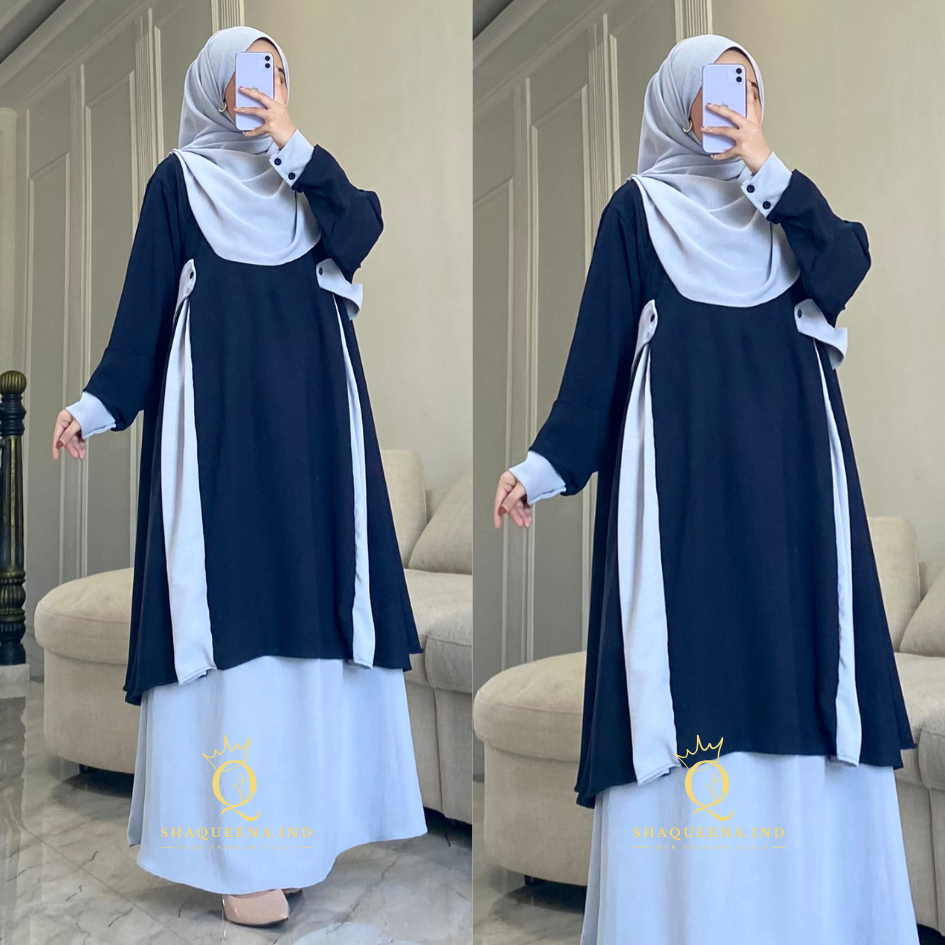 Naifa Setelan Tunik Jumbo Rok Mayung Oneset Rok Malay Syar’i Pashmina Oval - Shaqueena.ind
