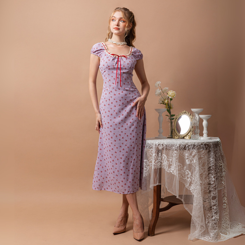 Aliciacouture - Violeta Vintage Flower Dress - Vintage Purple Lace Garden Party - Tea Party Dress