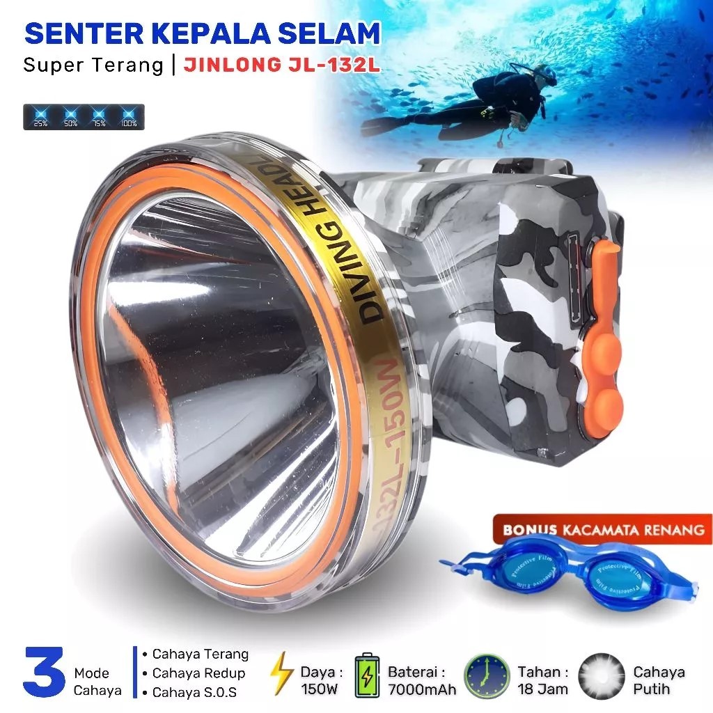 Jinlong JL-132L Senter Kepala Selam 150W Gratis Kacamata Selam | Headlamp Diving Cahaya Kuning Putih