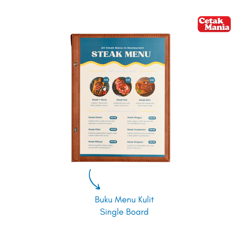 

Cetak Mania - Buku Menu Kulit Premium Cafe Series Single Board A4 Coklat- Cafe, Coffee Shop, Restoran, Hotel