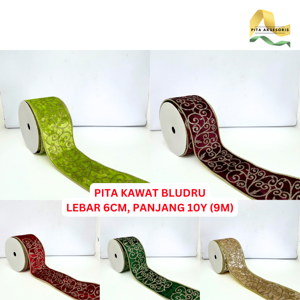 

(1 Roll 10 YARD) Pita Kawat Natal Bahan Bludru Glitter ±6cm x 9m Motif Salur Klasik Gold Pita Parcel Natal Pinggir Kawat Ornament Pohon Christmas Hiasan Xmas Hampers Kue Pita Kado Bouquet Pita Bunga