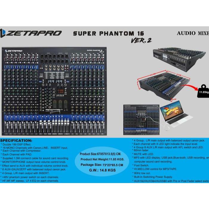 Mixer Audio Zetapro Super Phantom 16 / Phantom-16 / Phantom16 VERS.2 16CHANNEL ORIGINAL GARANSI