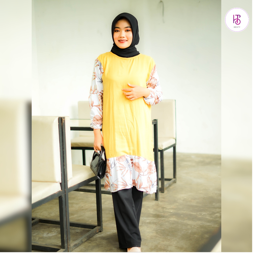 𝐇𝐄𝐒𝐓𝐘 Nature Lessy Tunik Wanita Super Jumbo Kombinasi Polos dan Motif Bahan Rayon Premium