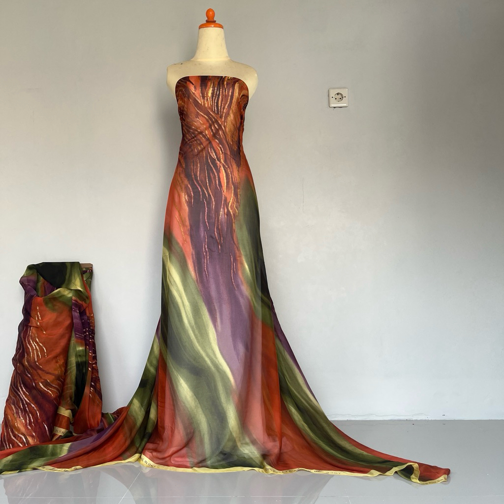 Kain Sifon Sutra Asli | Bahan Chiffon Silk Motif Abstrak ( 100% Pure Silk )