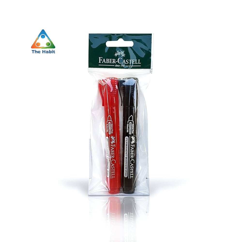 

(The Habit) Faber-Castell Permanent Marker Chisel tip 2Pcs Black and Red, Ideal for wood, metal, glass, plastic, and cardboard