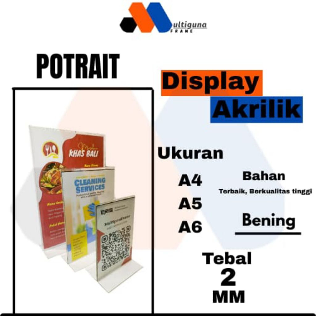 

Tempat Brosur Display Akrilik Acrylic Stand Potrait Ukuran A4 A5 A6 Untuk Menu/Brosur/Qris Tebal 2mm