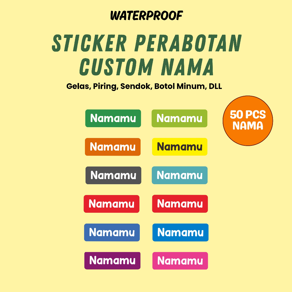 

50 PCS Stiker Barang Custom Nama Piring Sendok Botol Gelas Perabotan timbul waterproof label
