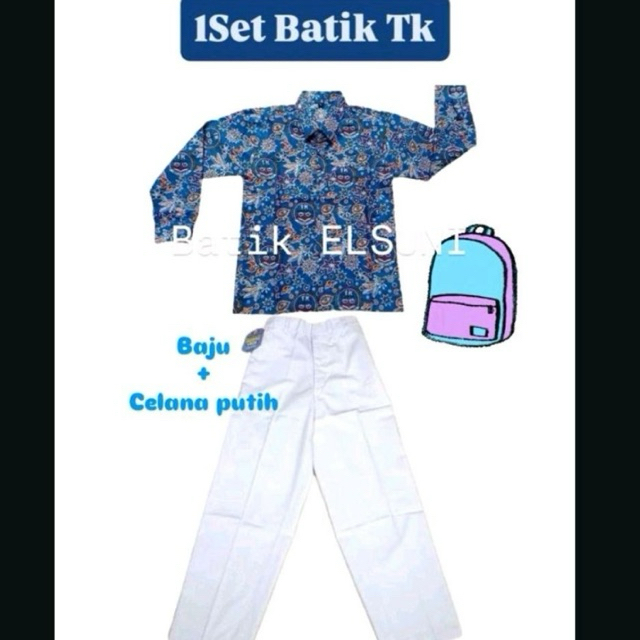 (ONESET)1Set BATIK DAN CELANA PUTIH || SERAGAM BATIK TK NASIONAL || BATK IGTKI BIRU LENGAN PANJANG A