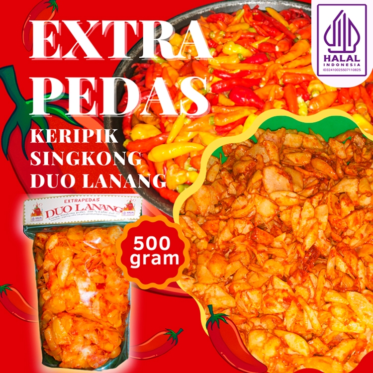

EXTRAPEDAS @500 gr keripik singkong duo Lanang 100% Cabai Asli !