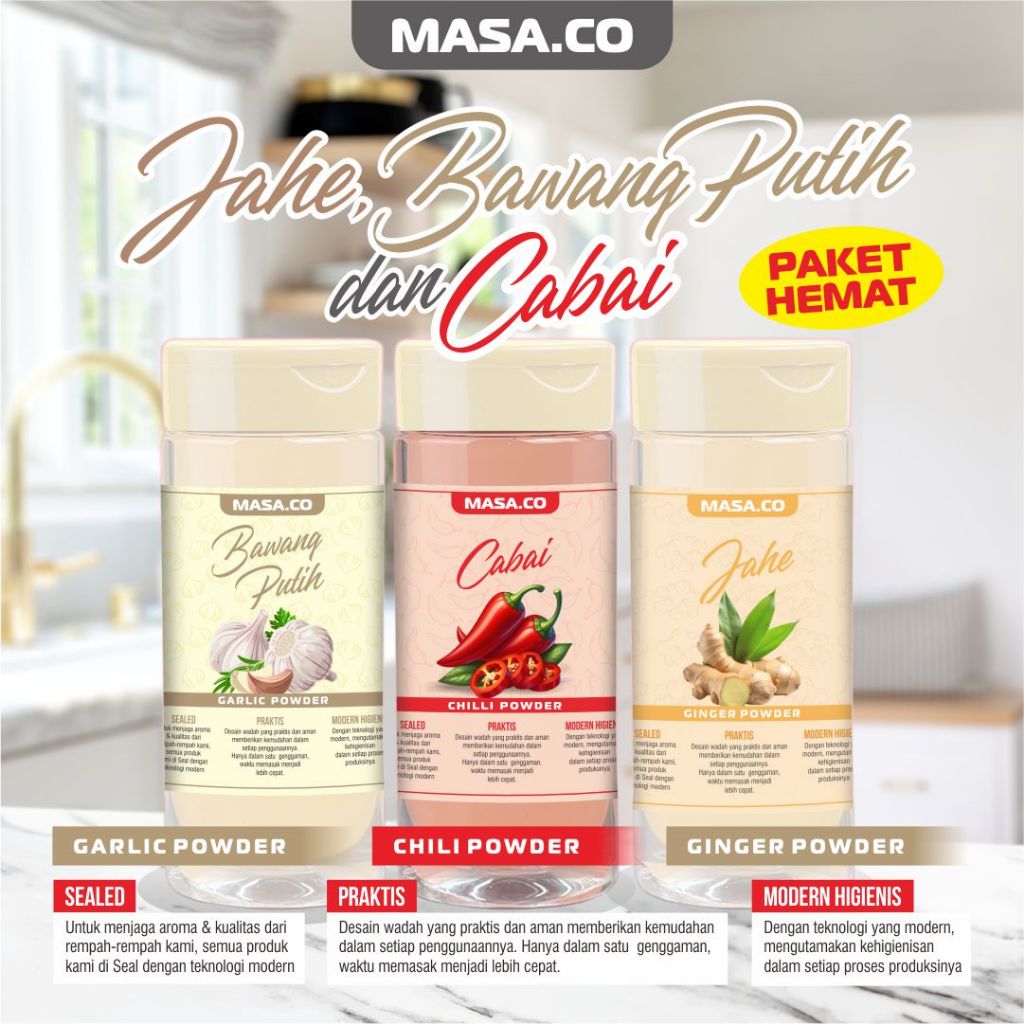 

COMBO PAKET HEMAT 3 PCS BUMBU DAPUR - JAHE - BAWANG PUTIH - CABAI // masa.co kemasan 100ml - 140ml