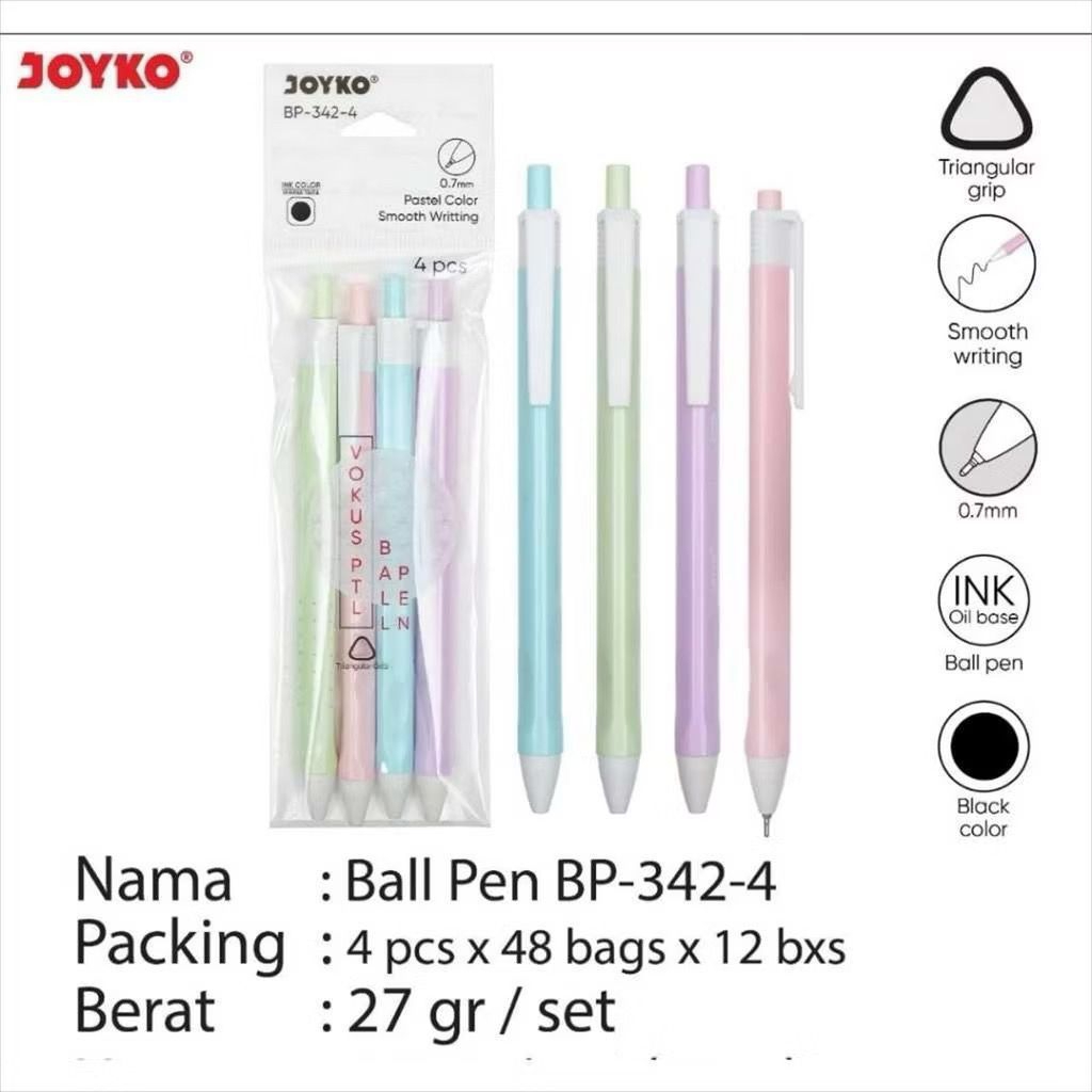 

4pcs Pulpen Joyko BP-342 Ballpen Vokus 0,7mm Macaron